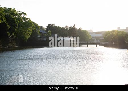 Der OTE-bori-Burggraben und die Brücke zum Hirakawa-MON-Tor in den Ostgärten des Kaiserpalastes in Tokio, Japan. Stockfoto