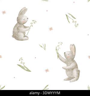 Musterkaninchen in Wiesengrünen Blättern. Aquarellbilder von Hasen im Kinderstil. Drucken Sie Blumen, handgezeichnet auf isoliertem Hintergrund Stockfoto
