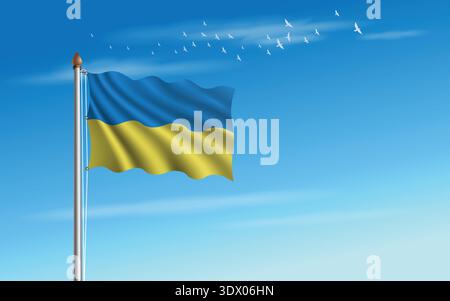 Die ukrainische Flagge fliegt am Himmel vor dem Hintergrund einer Vogelschar. Stock Vektor