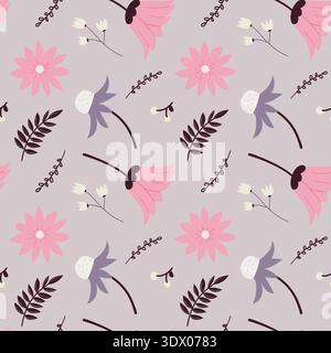 Nahtloses Blumenmuster mit stilisierten rosafarbenen Blüten, abstrakten Blumen und dunklem Laub auf neutralem Hintergrund. Stock Vektor