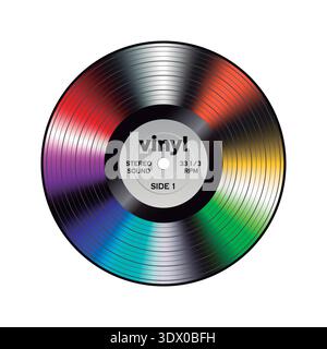 Lebendige Schallplattenillustration mit regenbogenfarbenen Reflexen. Repräsentiert musikalische Vielfalt, Retro-Nostalgie und kreative Audiounterhaltung. Stock Vektor
