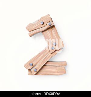 Holzdielen Schriftart Nr. 2 ZWEI 3D-Rendering-Illustration isoliert auf weißem Hintergrund Stockfoto