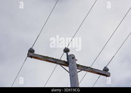 Ein hölzerner Versorgungsmast mit Überlandleitungen gegen den Himmel. Stockfoto