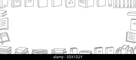 Bücher auf einem Banner. Minimale Strichgrafik-Illustration verschiedener Bucheinbände und -Formen Stock Vektor