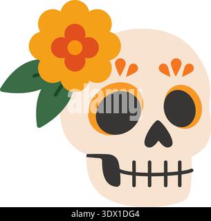 Zuckerschädel mit Ringelblume. Flacher Karikaturvektor für Dia de los Muertos und mexikanische kulturelle Designs Stock Vektor