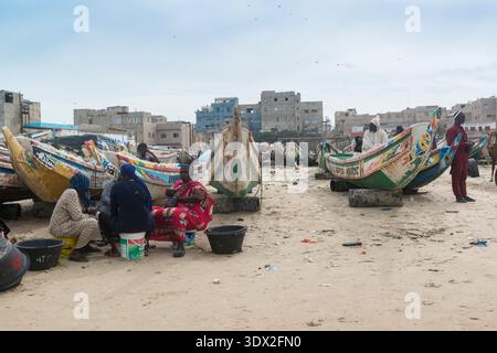Nach der Rückkehr aus dem Meer holen die Fischer den Fang sofort ein, um ihn an die Kunden zu verkaufen. Senegal, Yoff, Dakar Stockfoto