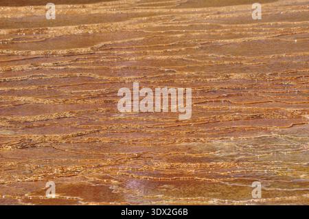 Nahaufnahme einer orangen geologischen Textur aus vulkanischen Ablagerungen im Yellowstone-Nationalpark, Wyoming, USA Stockfoto