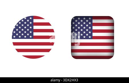 Flache quadratische und kreisförmige USA-Flaggensymbole, Vektor-bearbeitbares Design, können für Geschäfts- oder Präsentationsdesign verwendet werden. Stock Vektor