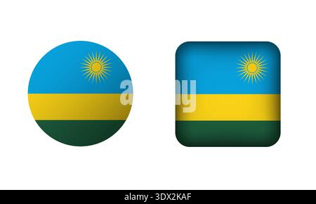 Flache quadratische und kreisförmige ruandische Flaggensymbole, Vektor-bearbeitbares Design, können für Geschäfts- oder Präsentationsdesign verwendet werden. Stock Vektor