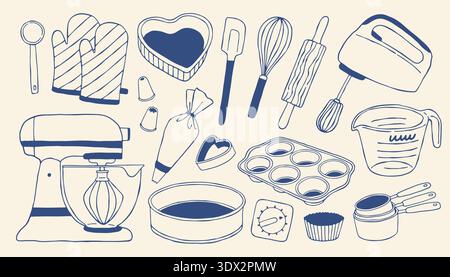 Handgezeichnete Backwerkzeuge, Set in blauer Linie. Mischer, Schneebesen, Nudelnadel und Gebäck Zubehör Vektor Illustration perfekt für Bäckerei Branding Stock Vektor