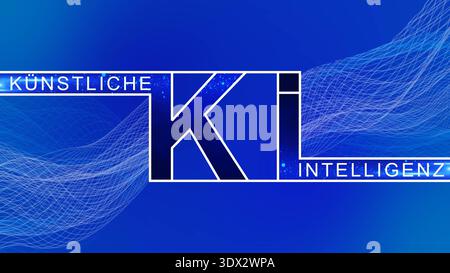 KI Letter Logo Design - abstrakte Präsentation mit Text kuenstliche Intelligenz - einfaches Design im Hintergrund von Rasterwellen - 3D-Illustration Stockfoto