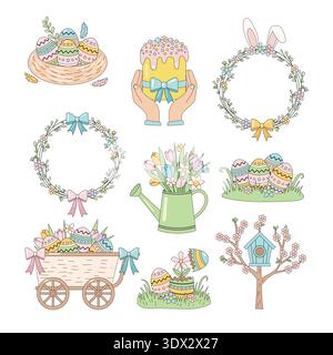 Hand gezeichnet Pastell Ostern Vektor Set mit Eiern Häschen Kranz und Frühlingsblumen flach Stock Vektor