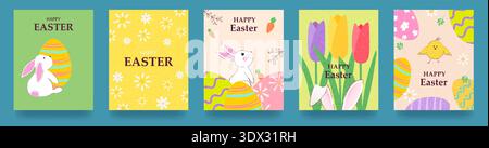 Ein Set niedlicher Osterkarten mit einem Häschen und einer Tussi. Trendiges, modernes Design mit gemusterten Ostereiern und Blumen auf strukturiertem Hintergrund. Viel Spaß, Ea Stock Vektor