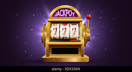 Goldener Spielautomat mit 777 Jackpot auf violettem Hintergrund, der Glück und große Gewinne repräsentiert. Vektorabbildung. Stock Vektor