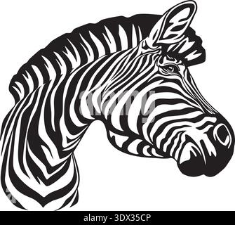 Schwarz-weiße Vektor-Illustration eines Zebrakopfes im Profil, detailliertes Streifenmuster, isoliert auf einem weißen Hintergrund. Stock Vektor