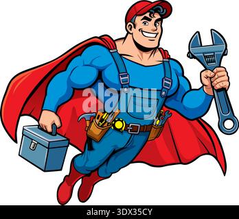 Lustige Vektor-Illustration eines muskulösen Superhelden-Handwerkers, der mit einem roten umhang fliegt, einen Werkzeugkasten und einen riesigen Schraubenschlüssel trägt, isoliert auf weißem Ba Stock Vektor