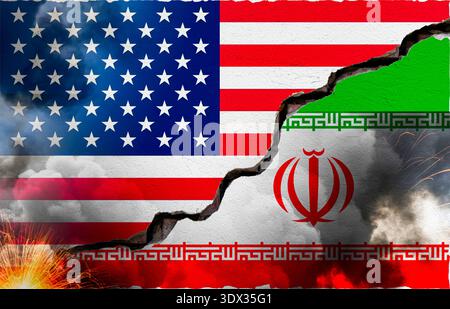 Flagge der Vereinigten Staaten und Flagge des Iran auf einer gerissenen Wand mit schwarzem Rauch und Feuer. Konzeptbild über den Konflikt zwischen den USA und dem Iran Stockfoto