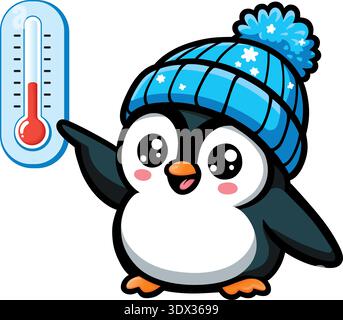 Niedliche Zeichentrickvektorillustration eines glücklichen Pinguins, der einen blauen Winterhut trägt und auf ein Thermometer zeigt, isoliert auf weißem Hintergrund. Stock Vektor