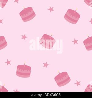 Entzückender nahtloser Hintergrund mit rosa Geburtstagskuchen und Sternen auf einem hellrosa Hintergrund. Perfekt zum Einpacken von Papier und Tapeten Stock Vektor