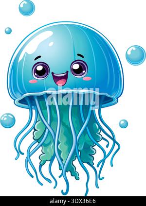 Glückliche blaue Comicqualle mit Blasen. Isolierte Vektorillustration auf weißem Hintergrund. Stock Vektor