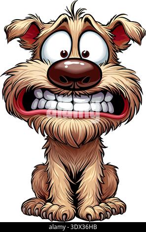 Lustiger zotteliger Hund grinst mit großen Zähnen Karikaturvektor Illustration Stock Vektor