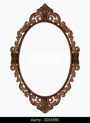 Ein detailreicher ovaler Rahmen im braunen Barockstil mit komplexen klassischen Schnitzereien und Rollen. Stock Vektor