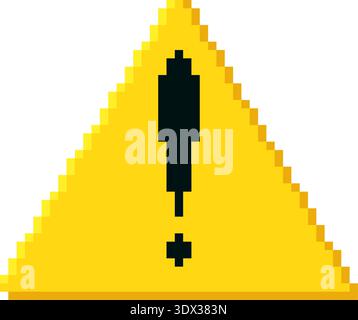 Pixel Art gelbes Dreieck Warnzeichen mit Ausrufezeichen. Achtung-, Achtung- oder Gefahrensymbol. Design-Element der Benutzeroberfläche mit Retro-Design. Vektor Stock Vektor