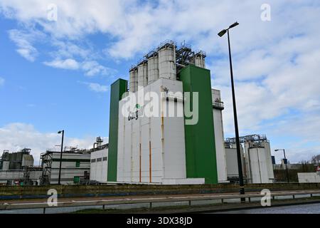 Manchester, Großbritannien, 28. Februar 2026: Cargill Industrial Plant Trafford Park Manchester UK mit hohen Lagersilos an einem klaren Tag. Stockfoto