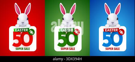 Niedlicher Osterhase mit einem 50 Super Sale Banner auf farbenfrohen Hintergründen, perfekt für Urlaubsaktionen. Vektorabbildung. Stock Vektor
