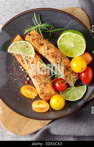 Gegrillte Lachssteaks mit Kräutern, Gemüse, Limette und Gewürzen auf einer Keramikplatte. Holzbrett mit Schüssel auf einem Steintisch Stockfoto