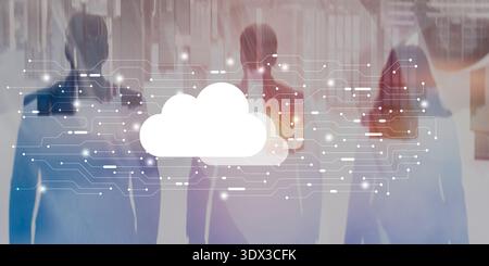 Cloud-Datenspeichernetzwerk mit leuchtenden Knoten und futuristischen digitalen Verbindungen. Stockfoto
