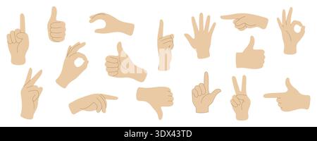 Satz Handgesten. Hand halten und zeigen Gesten, Daumen gedrückt, Faust, Ruhe und Daumen hoch. Comic menschliche Handflächen und Handgelenkvektor Set. Kommunik Stock Vektor