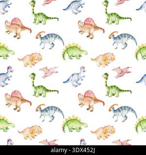 Wasserfarbenes, nahtloses Muster mit süßen Dinosauriern. Handgezeichnete Illustration Stockfoto
