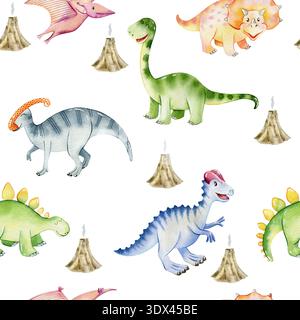 Wasserfarbenes, nahtloses Muster mit süßen Dinosauriern. Handgezeichnete Illustration Stockfoto