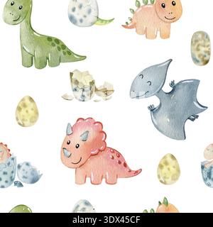 Nahtloses Aquarellmuster mit süßen Baby-Dinosauriern. Handgezeichnete Abbildung Stockfoto