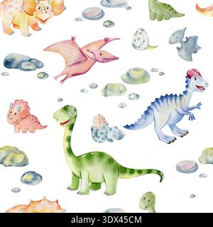 Wasserfarbenes, nahtloses Muster mit süßen Dinosauriern. Handgezeichnete Illustration Stockfoto