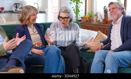 Seniorenfreunde, die sich auf dem Sofa entspannen und gemeinsam Gespräche genießen Stockfoto