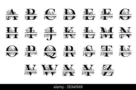 Dekorative Alphabetbuchstaben mit dekorativen Blüten. Vektor-Split-Monogramm. Stock Vektor