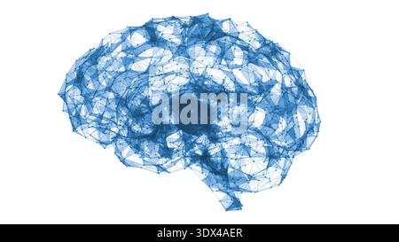 Digitale Daten- und Netzwerkverbindung des blauen menschlichen Gehirns isoliert auf weißem Hintergrund. Künstliche Intelligenz 3D-konzeptuelle Illustration Stockfoto