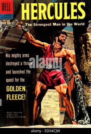 Hercules Comic Cover - Ein Magazin Cover für hercules, den stärksten Mann der Welt; Ein Vintage Comic Cover Illustration von Hercules, dem griechischen Halbgott, in einer heldenhaften und dynamischen Pose. Das Kunstwerk enthält den Text „Herkules the Strongest man in the World“ und verweist auf die Suche nach dem Goldenen Vlies, typisch für klassische Zellstofffiktionskunst aus der Mitte des 20. Jahrhunderts. Stockfoto