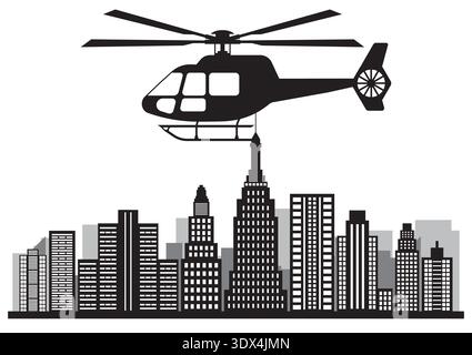 ็็Helicopter. Hubschrauber fliegt über die Stadt. Vektorabbildung. Stock Vektor