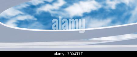 Geschwungene weiße Balken moderner Architektur umrahmen einen blauen Himmel mit verstreuten Wolken. 3D-Rendering Stockfoto