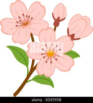 Kirschblütenzweig mit rosa Sakura-Blüten und grünen Blättern. Handgezeichnet trendiger flacher Stil isoliert. Für Blumenmuster, Frühlingsbranding, botanische Illustrationen, Karten. Vektorabbildung Stock Vektor
