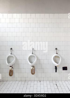 Schmutzige weiße Porzellan-Urinale in einer öffentlichen Toilette, die Flecken, Schmutz und Anzeichen von Vernachlässigung bei scharfem künstlichem Licht zeigen. Vertikales Bild Stockfoto