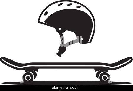Skateboard- und Helmgrafik in schwarzer Grafik, die die Sicherheit extremer Sportarten und das Branding für den urbanen Jugendstil für modernes Webdesign darstellt Stock Vektor