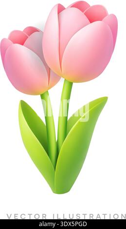 Zwei rosa Tulpenblüten mit grünen Blättern. 3D-Frühlingsvektor-Illustration aus weichem Pastellfarben Stock Vektor