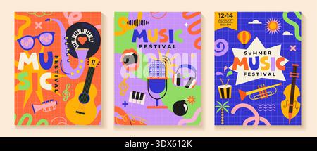 Set von Sommer-Musikfestival-Flyern auf lustigen kindlichen Hintergrund. Musical fest Party, Konzept von Live-Musik Festival, Jazz und Rock Event. Poster mit Musikinstrument und Schallplatte. Vektor Stock Vektor