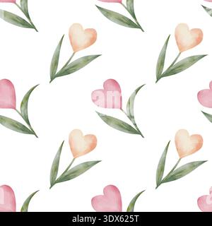 Nahtloses Aquarellmuster mit rosa und beigefarbenen Herzen in Form von Blumen mit grünen Blättern. Romantisches Design, für Valentinstag, Frühlingsthemen, Feiertage, Hochzeiten, und Textil. Weißer Hintergrund Stockfoto