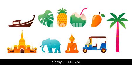 Thailands Attraktionen, Wahrzeichen und Symbole Sammlung farbenfroher Ikonen. Stock Vektor