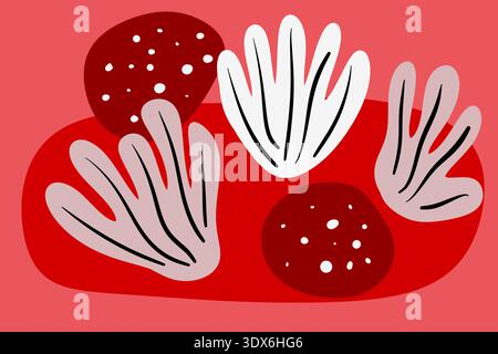 Abstrakte moderne Kunst mit Blumenformen in Rot und weiß, mit organischen Formen und fließenden Linien. Die Komposition verwendet kräftige Farben, um einen Sinn zu vermitteln Stockfoto